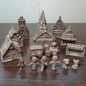 Miniature Village Figurine 16pc Set Ceramic Building Tree People Train Cat Dog